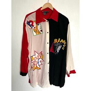 Vintage IB Diffusion Blouse Top Womens 16 Silk Pop Cartoon Embroidered Comic Red